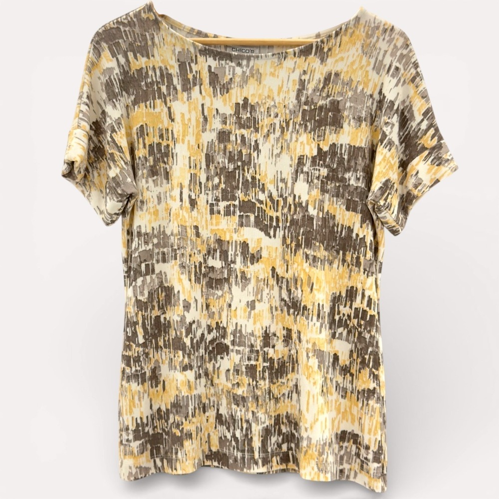 Chico's Travelers Abstract Print Top Stretch Knit Short Sleeve Size 1‎ Career